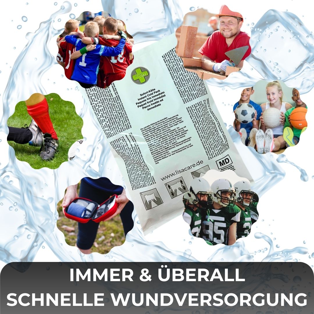 LisaCare Kälte-Sofort Kompresse. Anwendung bei Sportverletzungen, im Alltag. Grafiken zeigen verschiedene Anwendungsszenarien.