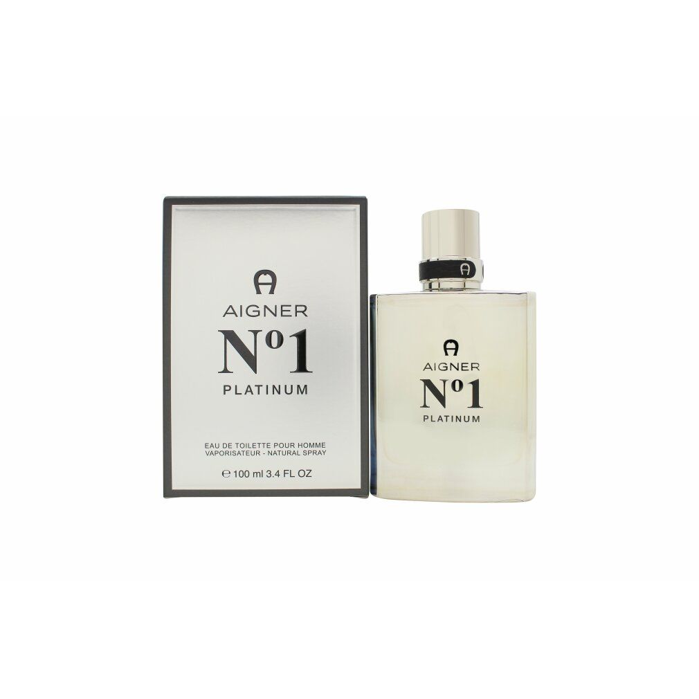 Aigner No. 1 Platinum EdT. Flakon und Verpackung. Weißes Flakon, schwarze Schrift. Schwarze Verpackung mit Logo.