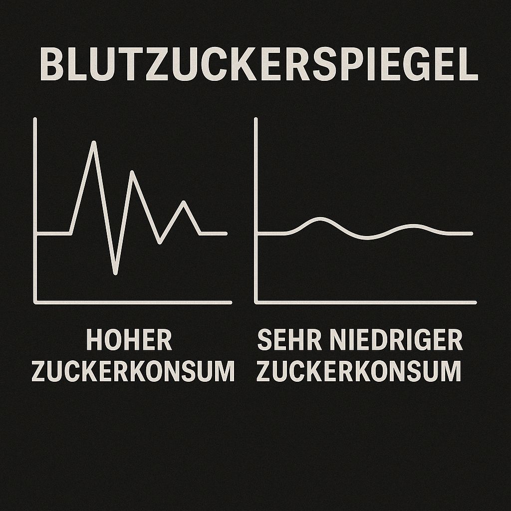 Grafik: Blutzuckerspiegel. Zwei Diagramme zeigen hohen und sehr niedrigen Zuckerkonsum.