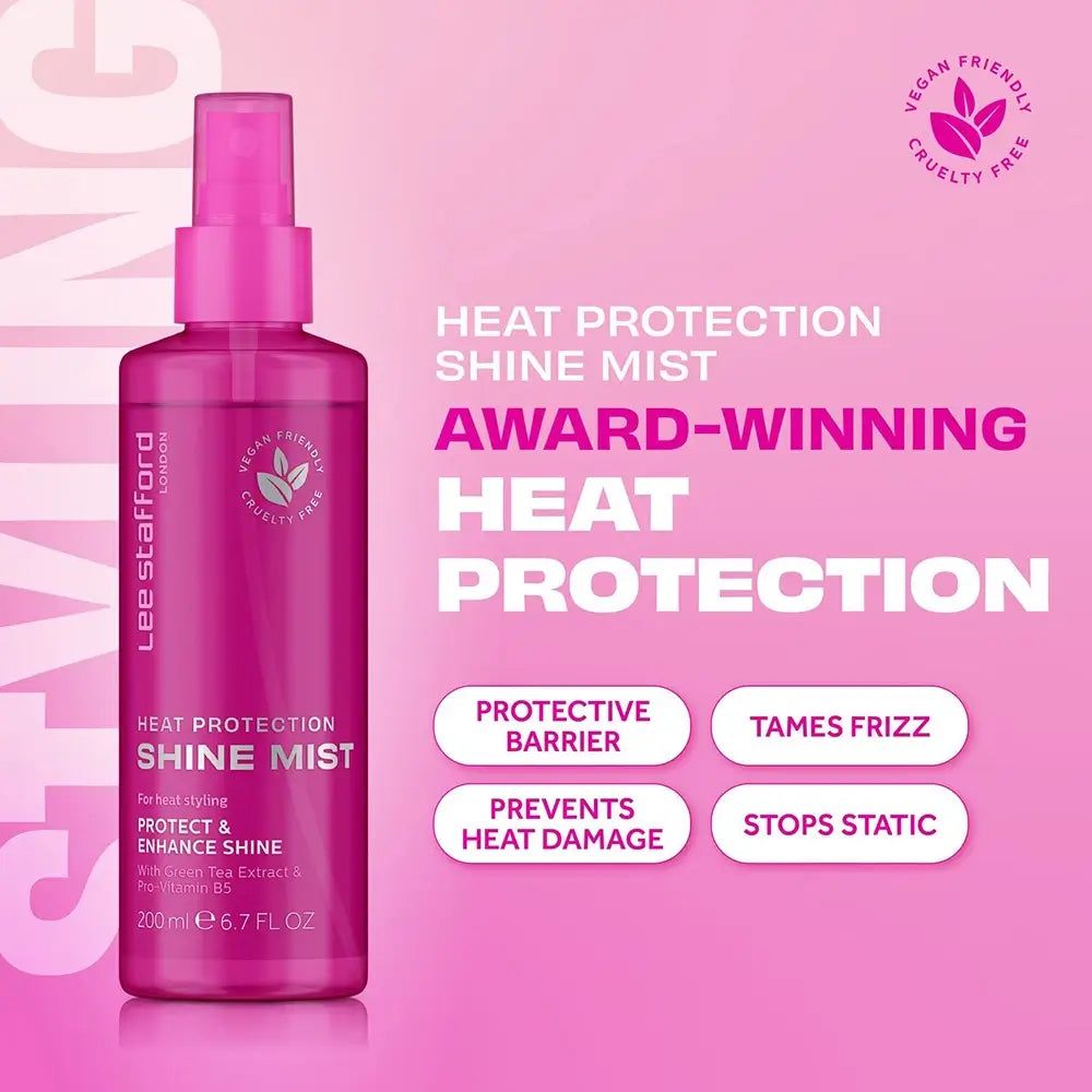 Pinkes Haarspray mit Zerstäuber. Beschriftung: 'Heat Protection Shine Mist', 'Lee Stafford London'. 200ml.