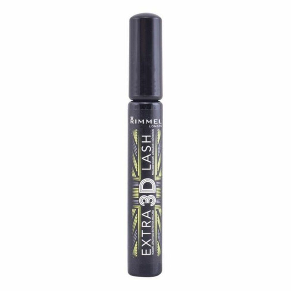Schwarze Mascara-Flasche. Aufschrift: EXTRA 3D LASH. Marke: Rimmel London. Deckel geschlossen.