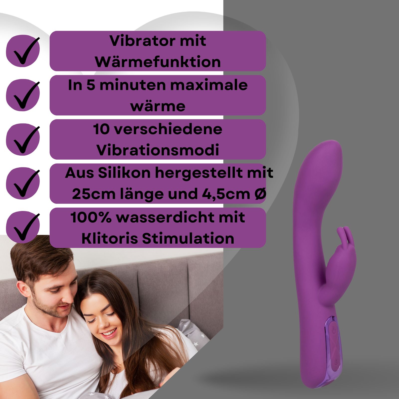 Lila Vibrator mit Kaninchen-Design. Merkmale: Wärmefunktion, 10 Vibrationsmodi, Silikon, 25cm lang, 4,5cm Ø, wasserdicht. Paar im Hintergrund.
