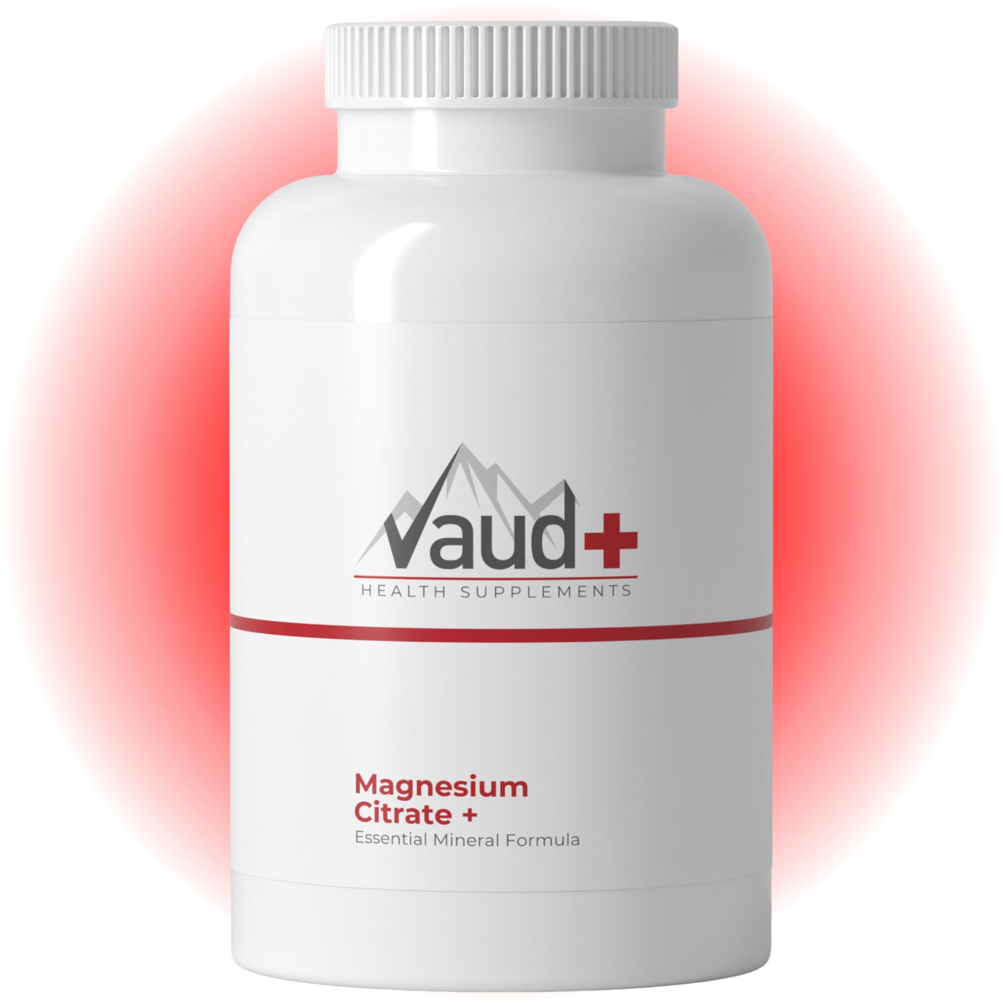 Weiße Flasche mit Vaud+ Logo und rotem Streifen. Beschriftung: Magnesium Citrate + Essential Mineral Formula.