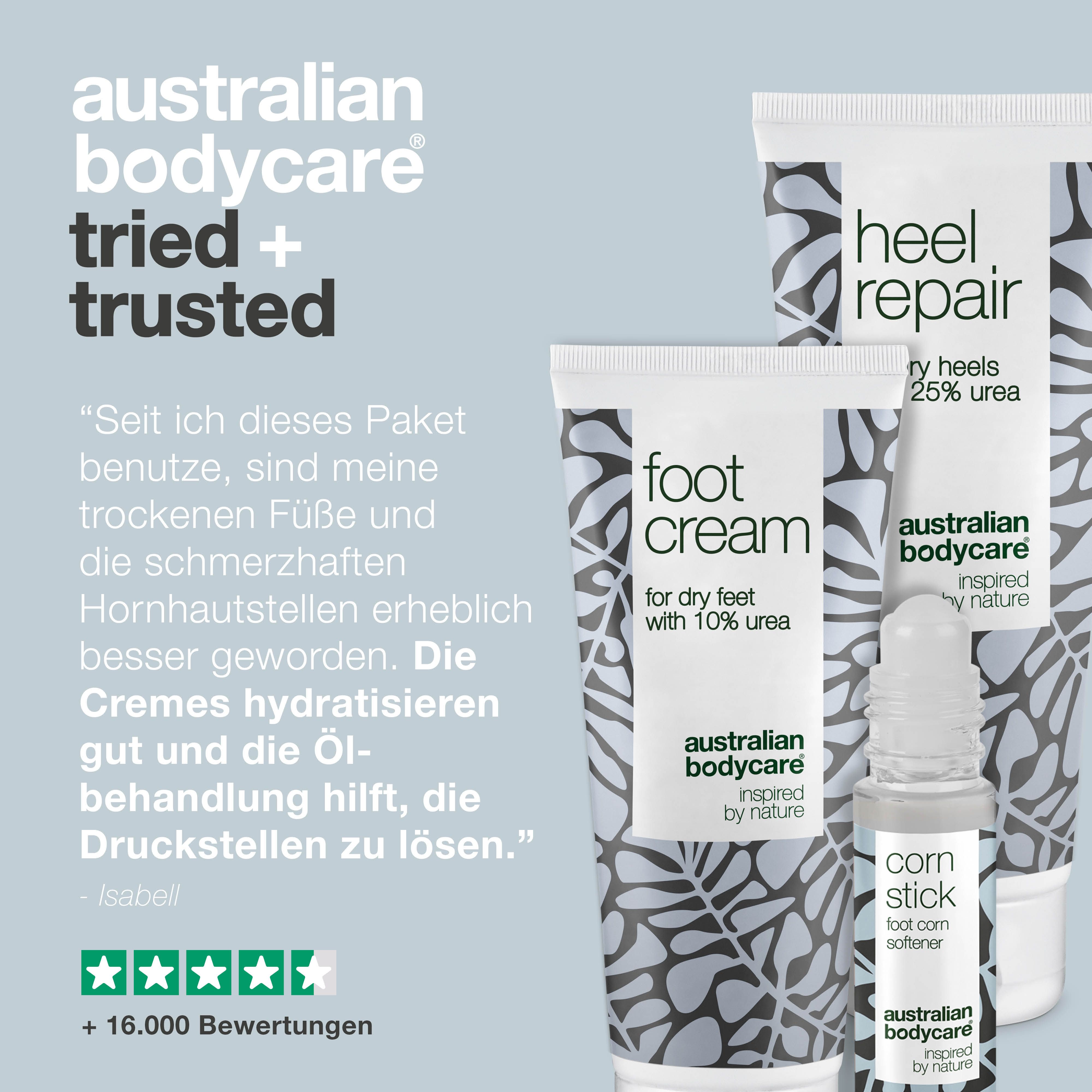 Produkt-Set: Fußcreme, Heel Repair, Corn Stick. Text und Sterne. Blauer Hintergrund.