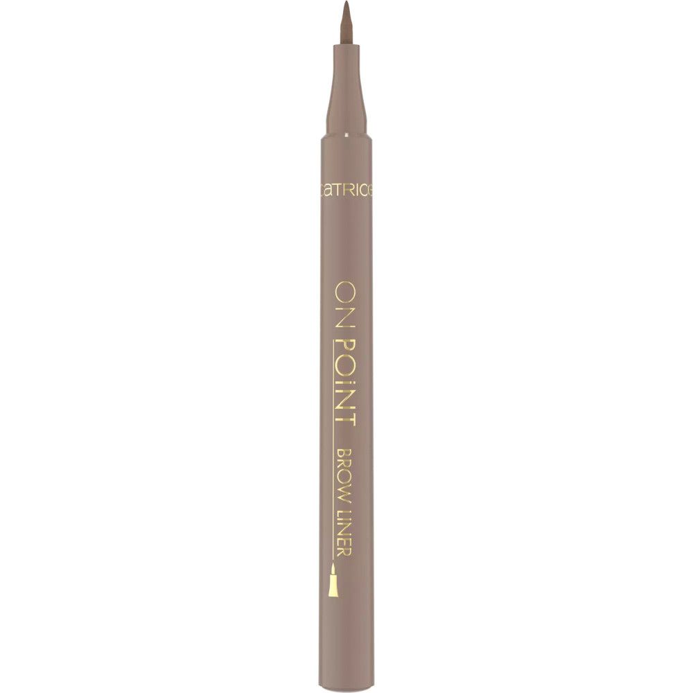 Augenbrauenstift mit Filzstiftspitze, mittelbraun. Zylindrische Form, goldfarbener Schriftzug "ON POINT BROW LINER".