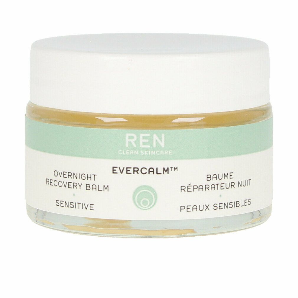 Glasbehälter mit weißem Deckel. Aufschrift: REN CLEAN SKINCARE, EVERCALM, Overnight Recovery Balm, Sensitive. Mintfarbenes Band.