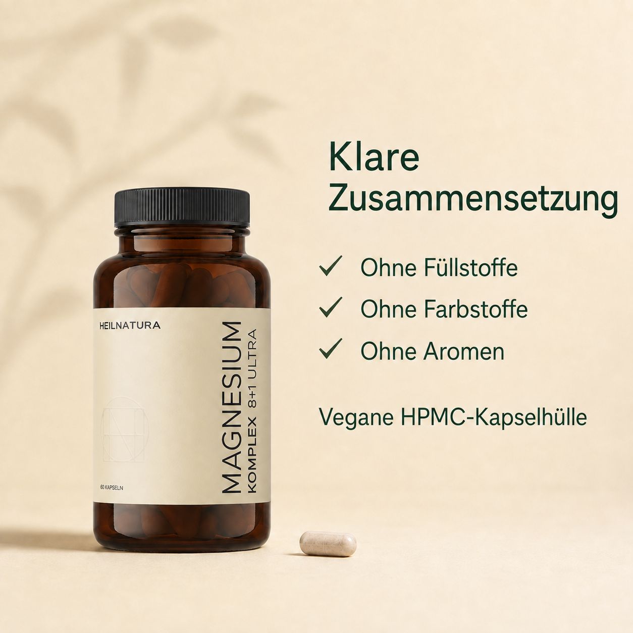 Flasche "Magnesium Komplex 8+1 Ultra", "Klare Zusammensetzung", "Vegane HPMC-Kapselhülle".