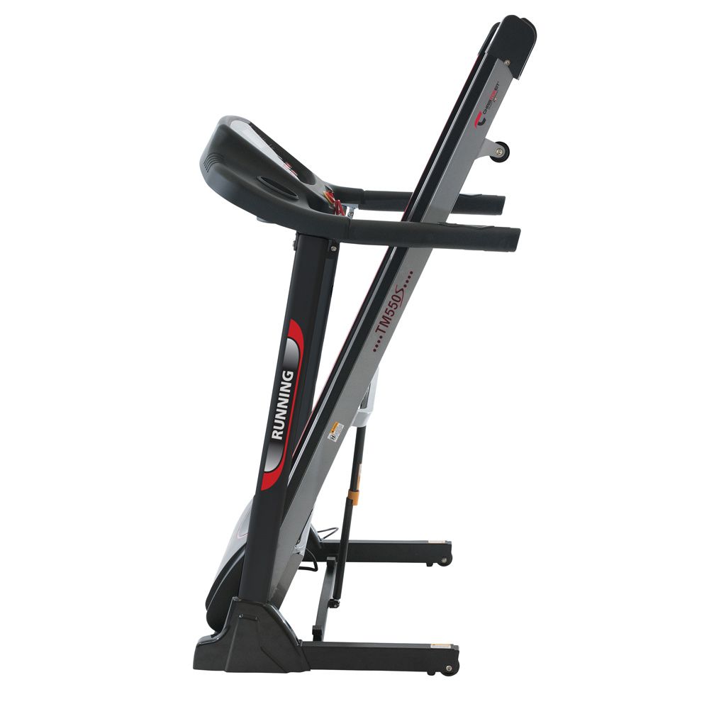 Laufband TM 550S. Seitenansicht. Schwarzer Rahmen, graue Seiten. Rote Akzente. Armlehnen.