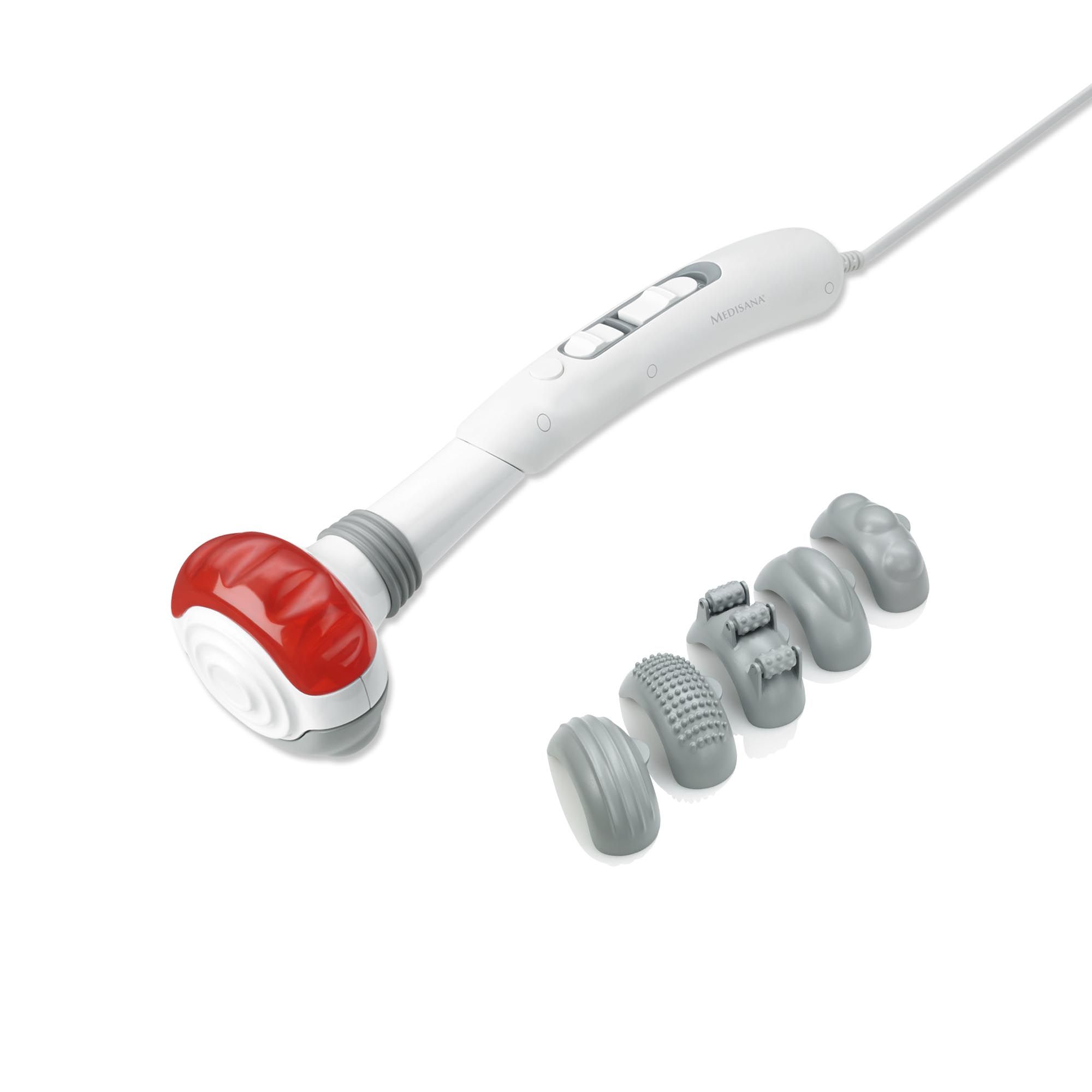 Witte handmassageapparaat met rode kop en 5 opzetstukken. Met snoer.