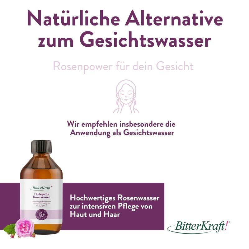 Produktflasche neben Rose. Text: Natürliche Alternative zum Gesichtswasser. BitterKraft! Hildegards Rosenwasser.