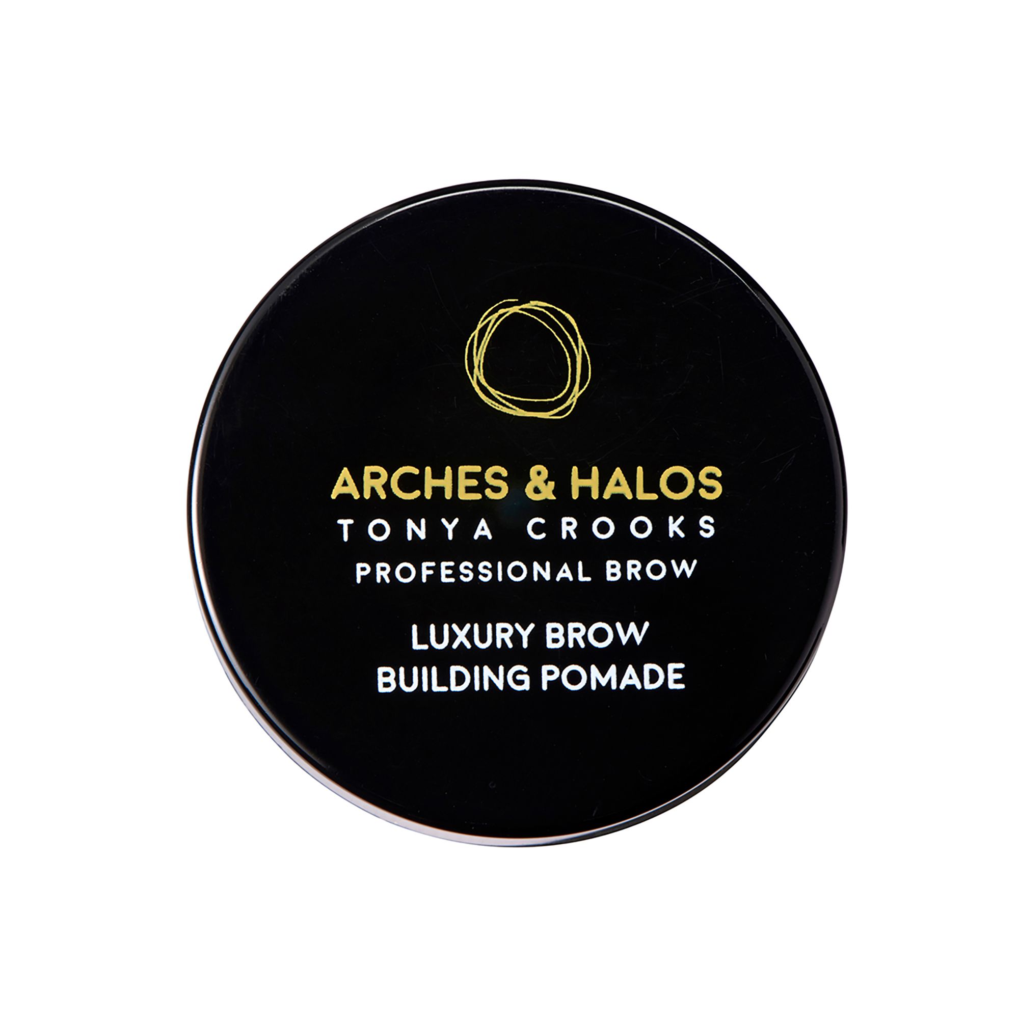 Schwarzer Tiegel mit goldener Schrift: Arches & Halos, Tonya Crooks, Professional Brow, Luxury Brow Building Pomade.