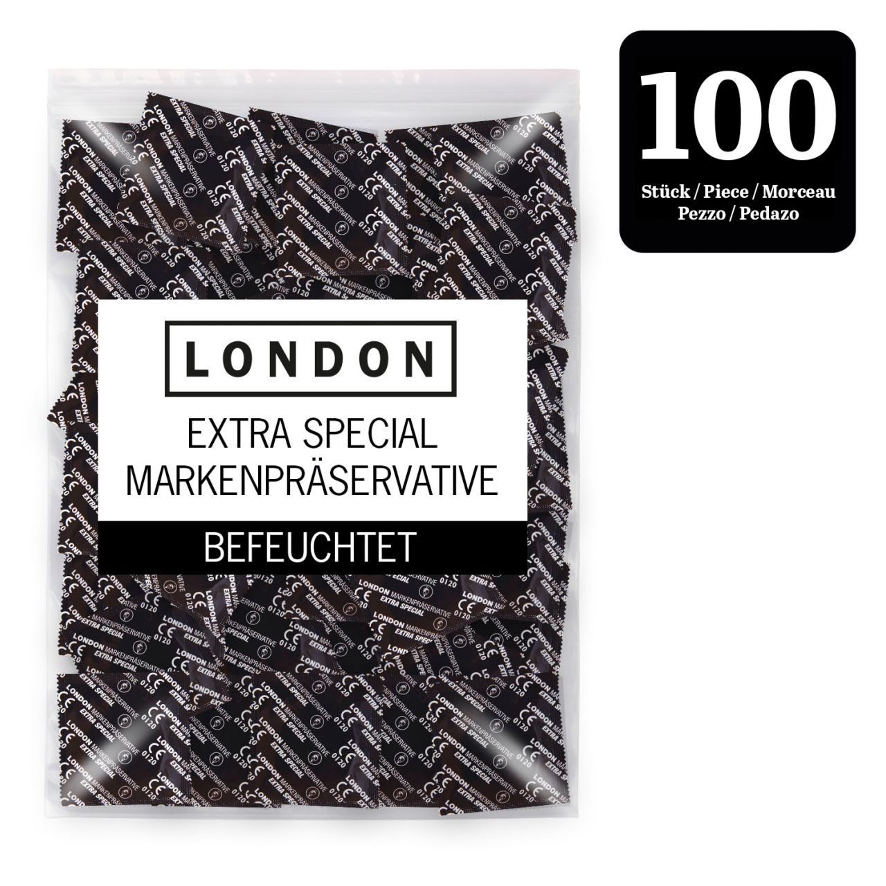 Beutel mit Kondomen. Produktname und Marke London Extra Special. Verpackung mit 100 Stück.