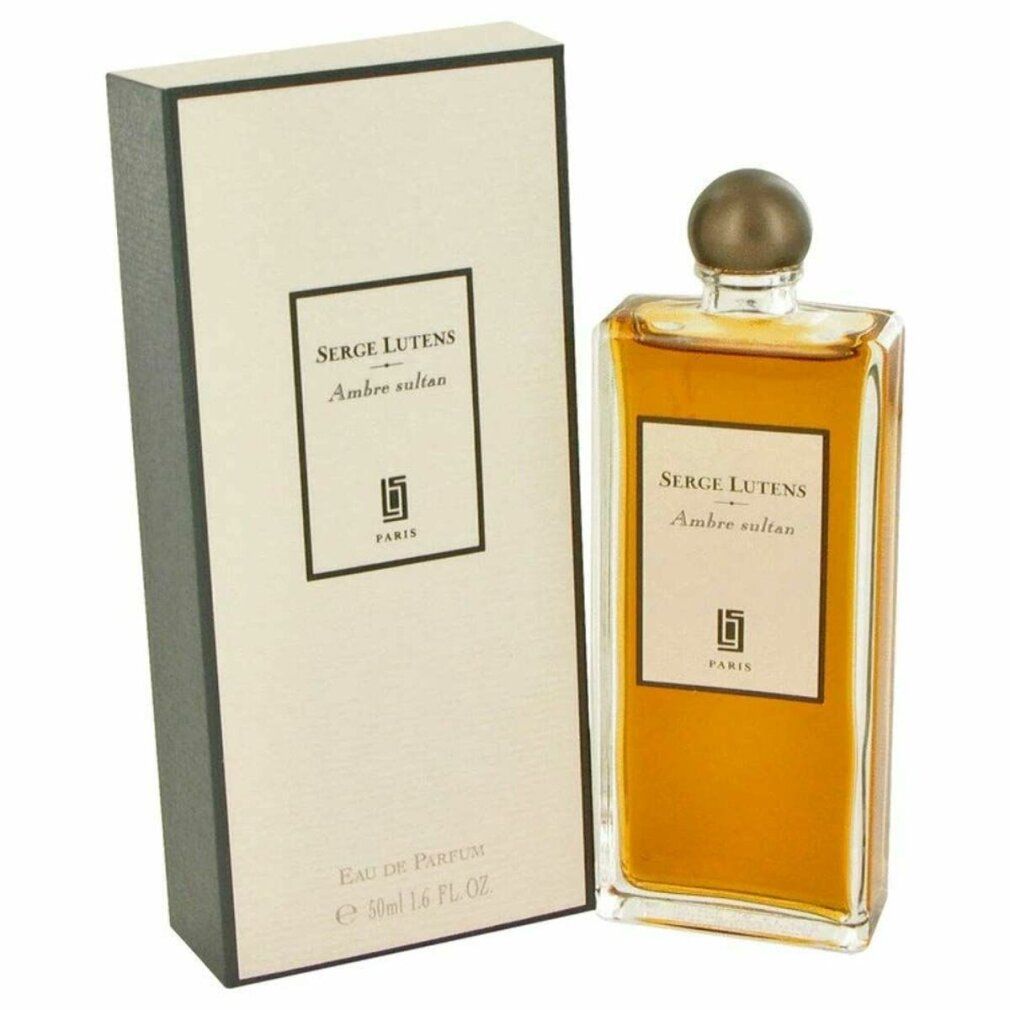 Flakon mit Karton. Auf dem Etikett steht "SERGE LUTENS Ambre sultan". Der Flakon ist rechteckig, mit brauner Flüssigkeit gefüllt und hat einen braunen Deckel.