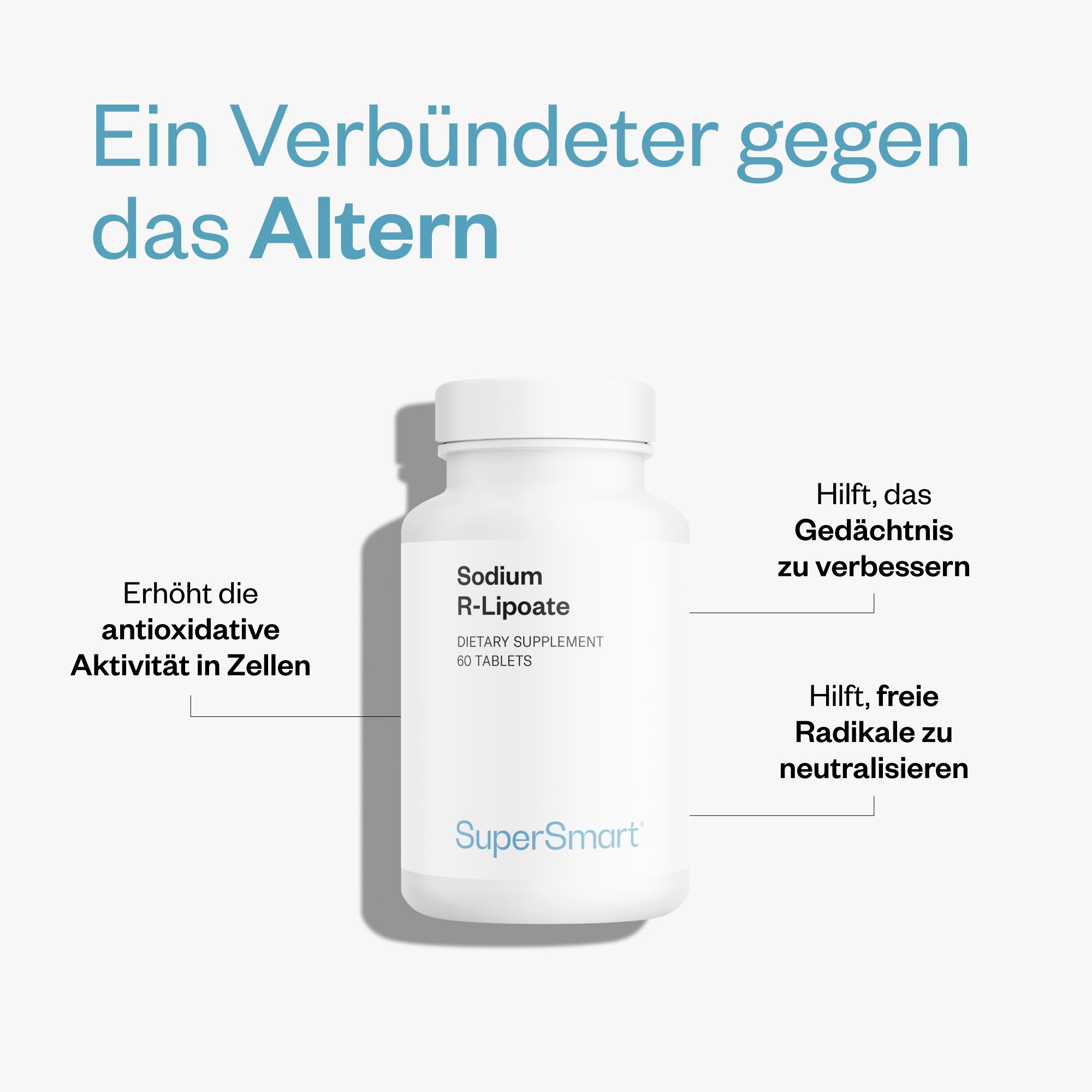 Weißes Tablettenfläschchen mit Aufschrift Sodium R-Lipoate, 60 Tabletten. Marke: SuperSmart. Text und Pfeile auf blauem Hintergrund.