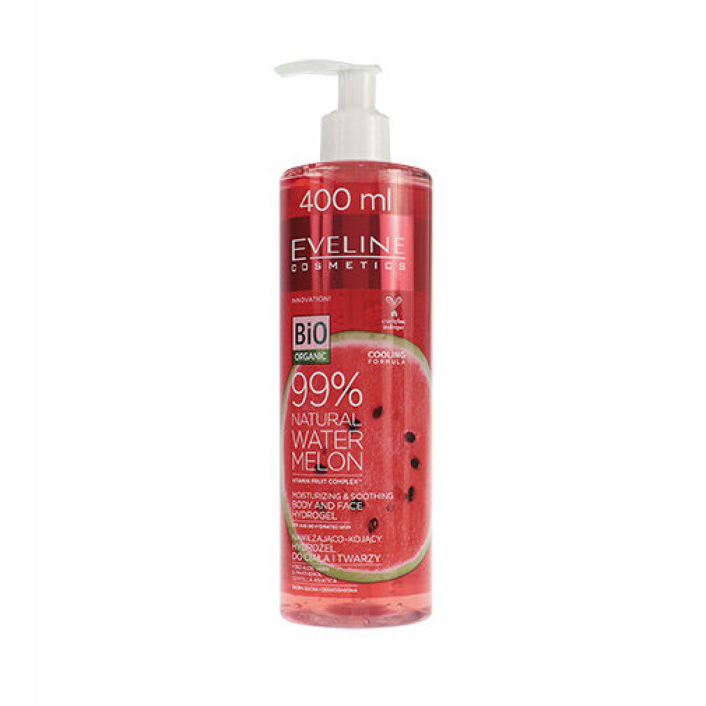 Transparente Flasche mit roter Flüssigkeit und Pumpe. Aufschrift: Eveline Cosmetics, 99% Natural Watermelon, Hydrogel.