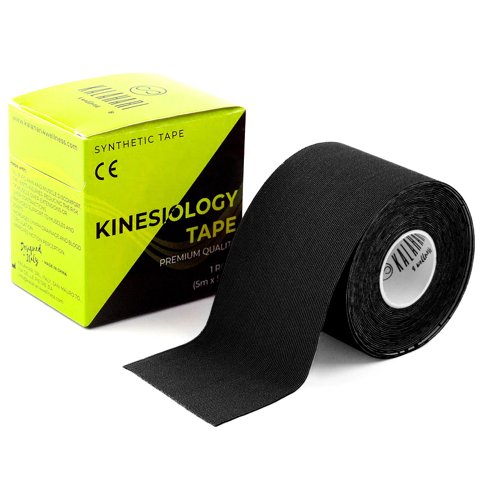 Schwarzes Kinesiologie-Tape Rolle mit Verpackung. CE-Kennzeichnung sichtbar.