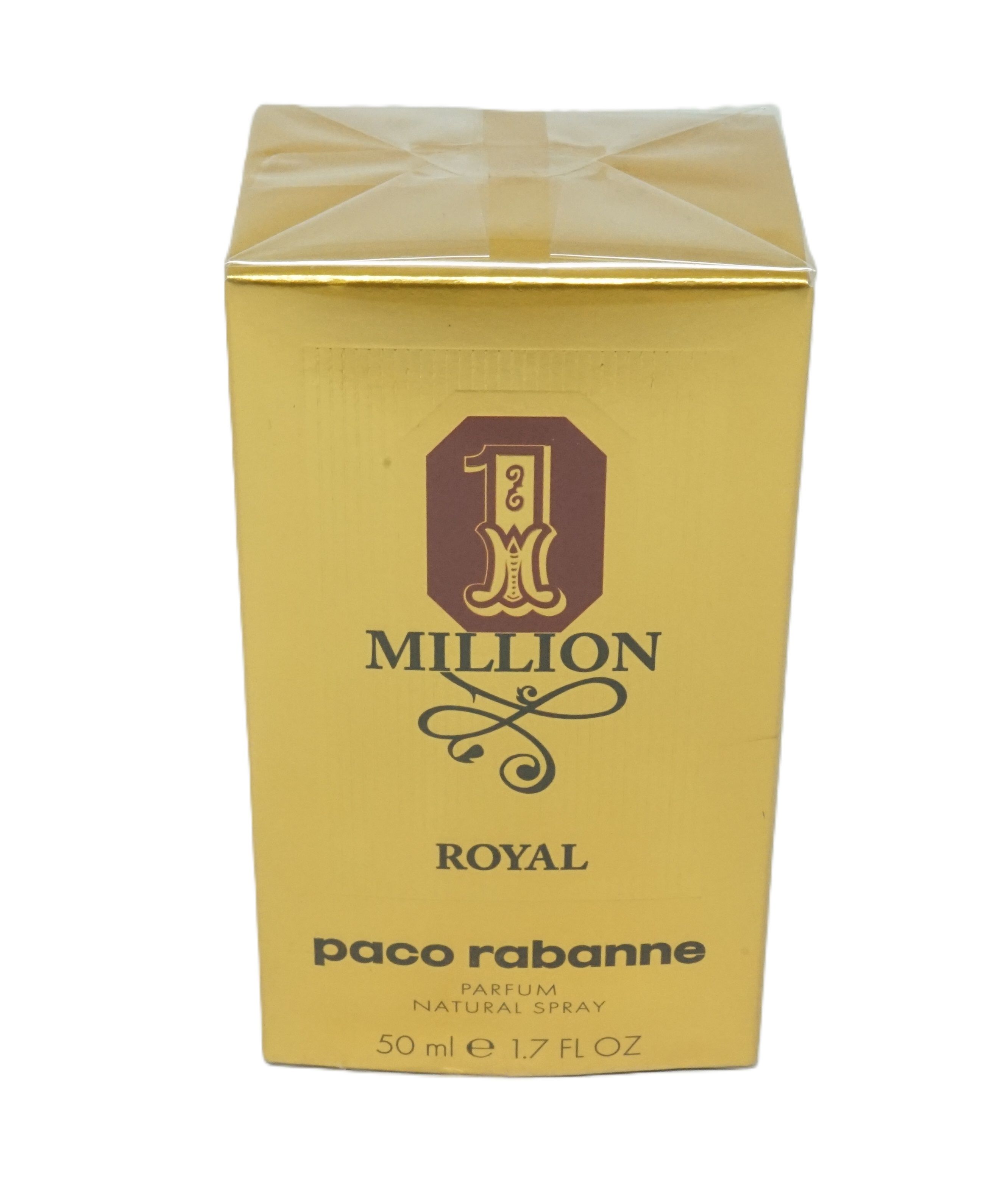 Goldfarbener Karton mit Logo und Schriftzug. Aufschrift: 1 Million Royal, Paco Rabanne, 50 ml.