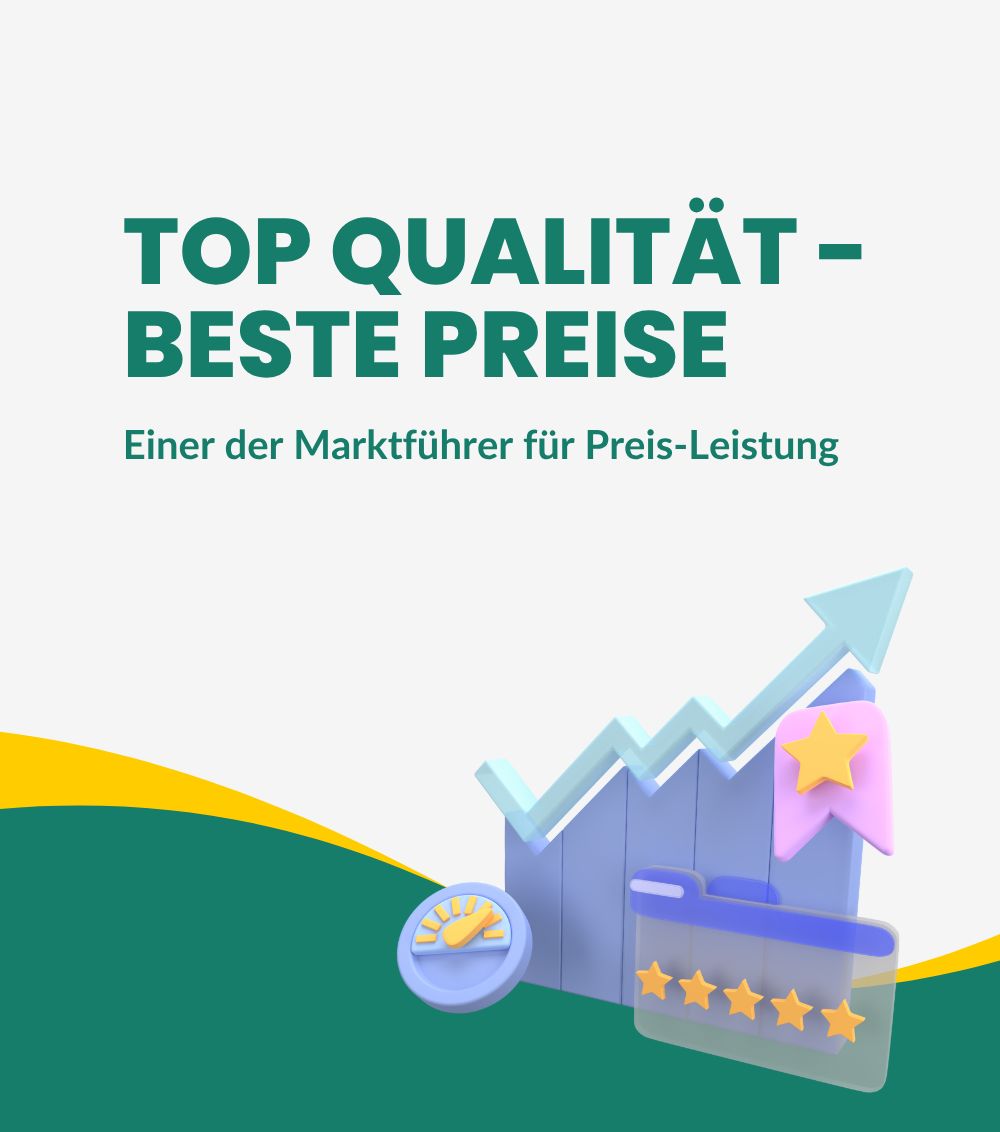 Grafik mit Text: Top Qualität - Beste Preise. Diagramm mit Pfeil nach oben, Stern, Ordner mit Sternen.