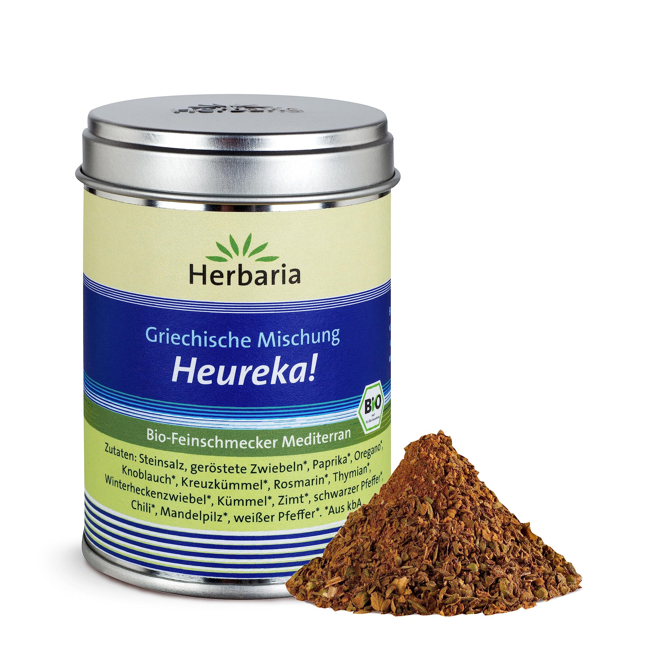 Herbaria Heureka! Griechische Mischung in Weißblechdose mit danebenliegendem Gewürzberg.