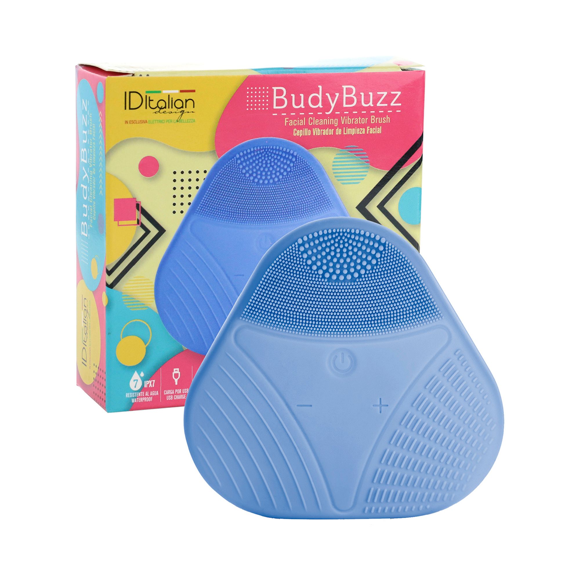 Zwei blaue Silikon-Gesichtsreinigungsbürsten neben einer bunten Verpackung.