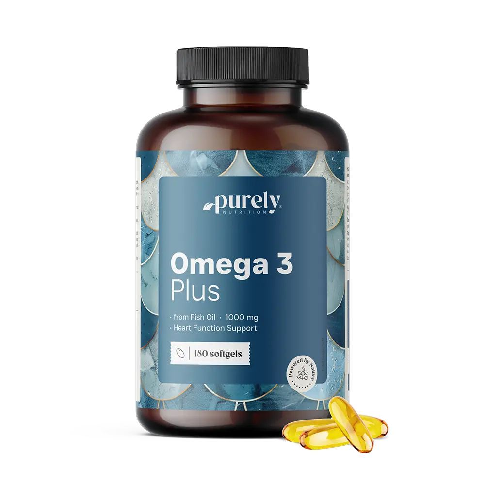 Braune Flasche mit blauem Etikett. Aufschrift: Omega 3 Plus, 150 Softgels. Daneben liegen drei gelbe Softgels.