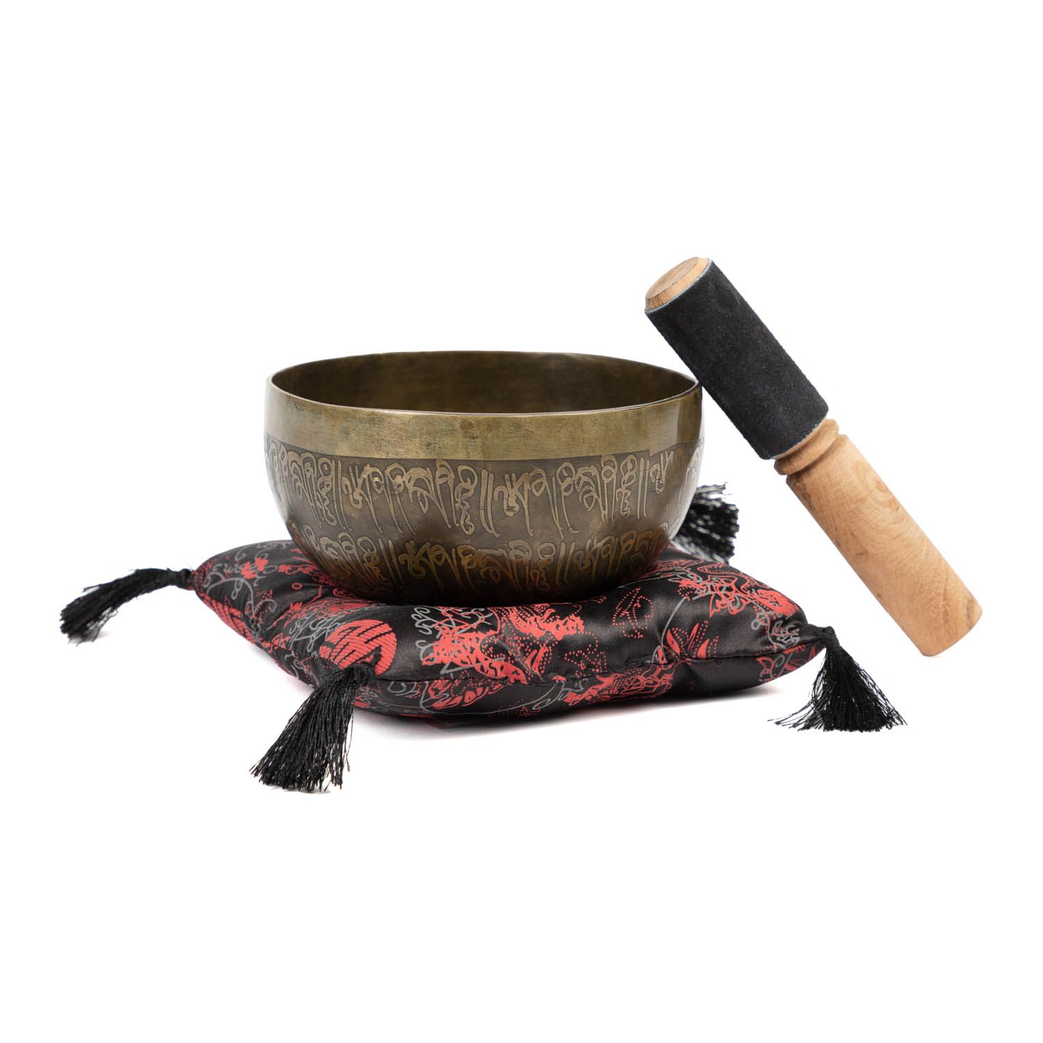 bodhi Tibetische Klangschale mit SCHRIFTZEICHEN, inkl. Kissen, Holzklöppel & BW-Beutel
