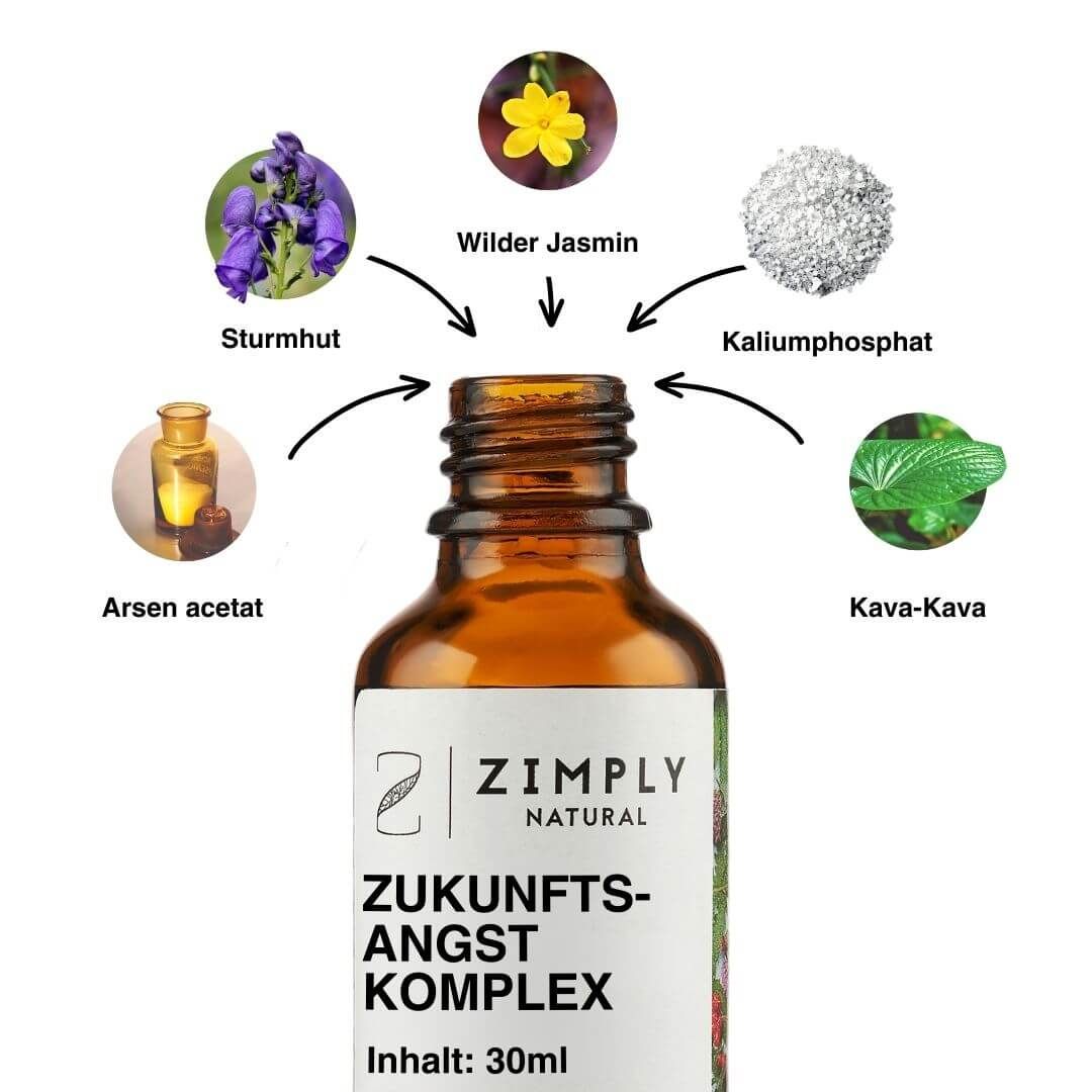 Glasflasche mit ZIMPLY NATURAL Zukunftsangst Komplex. Umgeben von Abbildungen von Inhaltsstoffen: Sturmhut, Wilder Jasmin, Kaliumphosphat, Kava-Kava, Arsen acetat.