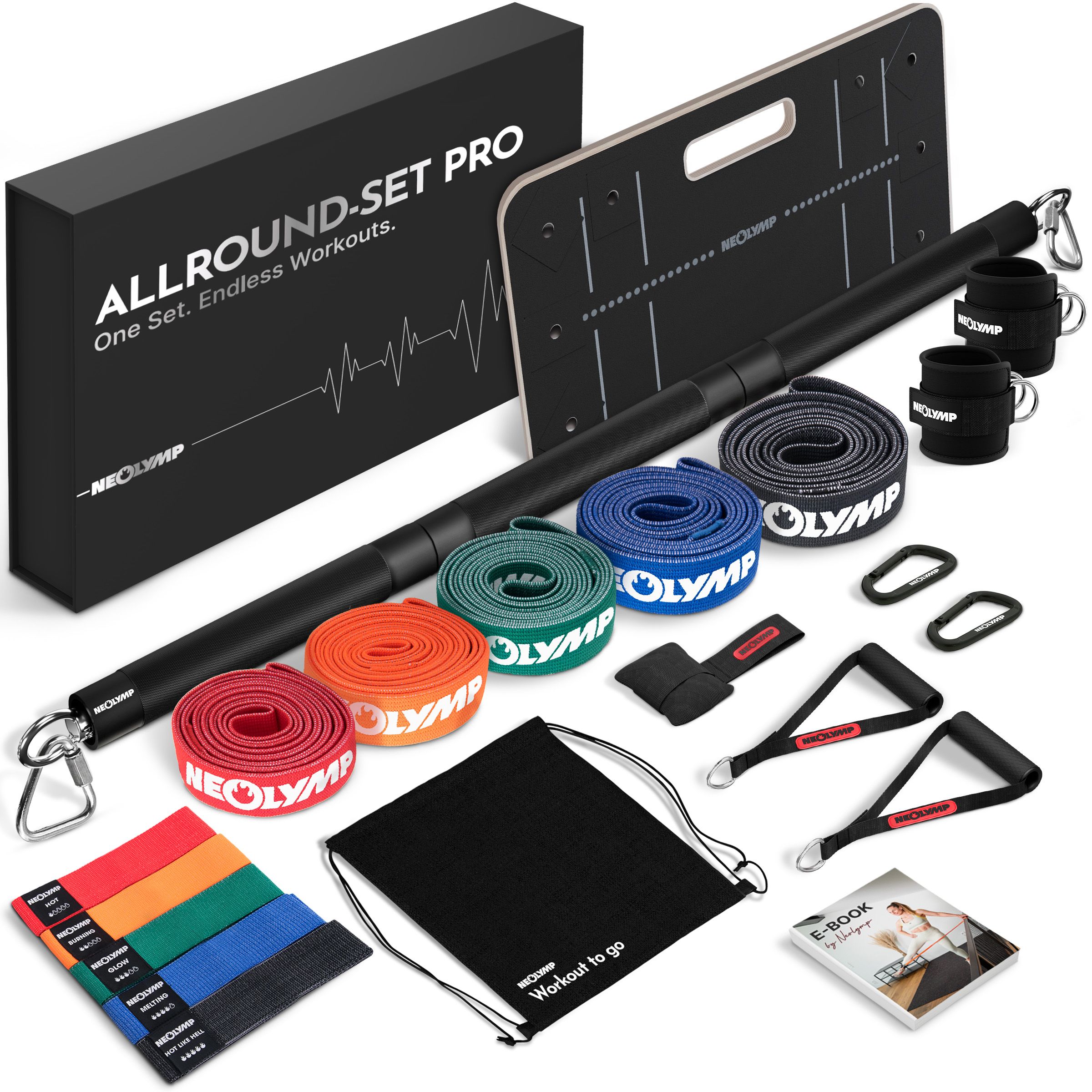 Fitnessband-Set mit Zubehör: Bänder, Stange, Fußschlaufen, Griffe, Türanker, Tasche, E-Book. Schwarze Box mit Schriftzug.