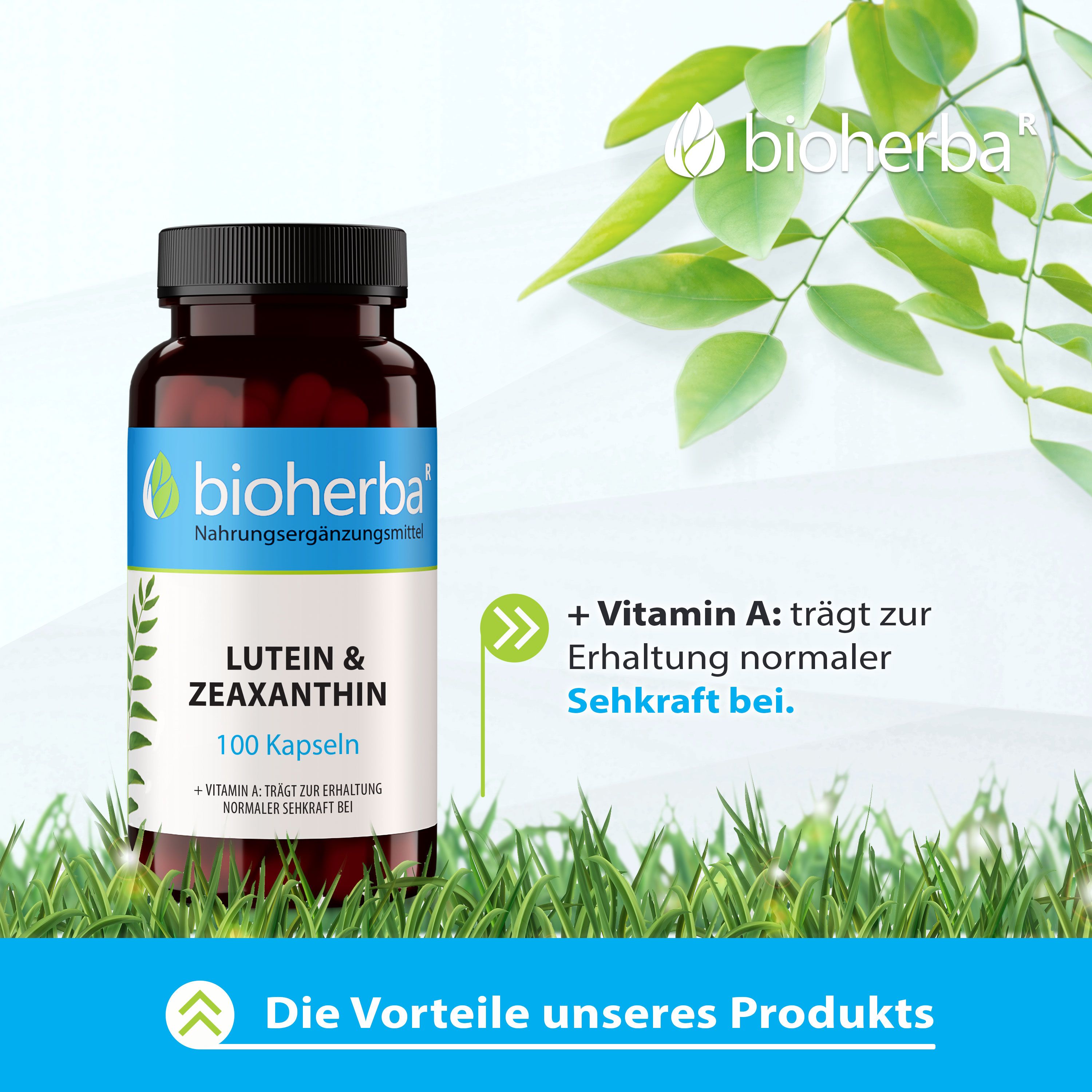 Braune Flasche mit schwarzen Deckel. Aufschrift: Bioherba, Lutein & Zeaxanthin, 100 Kapseln. Vitamin A für normale Sehkraft.