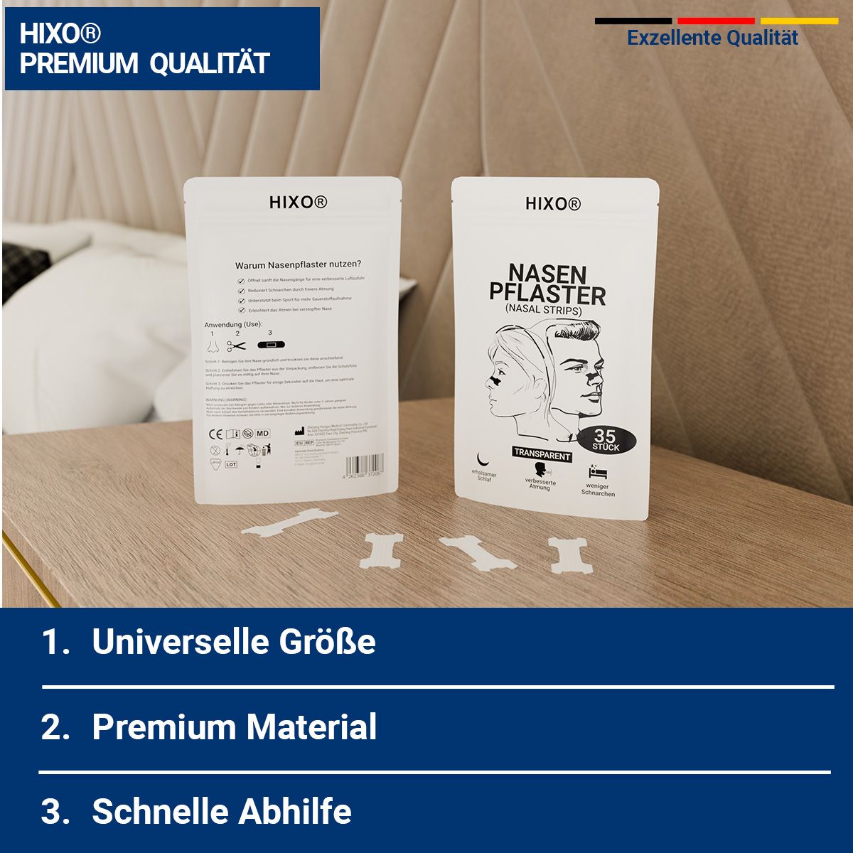 Zwei Verpackungen mit Nasenpflastern. Text: HIXO, Premium Qualität. Aufschrift: Universelle Größe, Premium Material, schnelle Abhilfe.