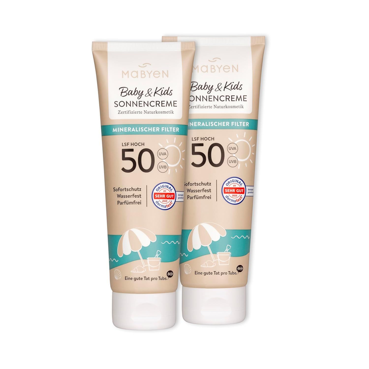 Zwei Tuben MABYEN Baby & Kids Sonnencreme LSF 50 nebeneinander. Beige Tuben mit blauer und gelber Grafik. Text: Mineralisch, wasserfest, parfümfrei.