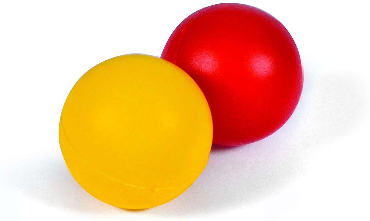 Zwei Bälle, einer gelb, einer rot. Beide sind rund.