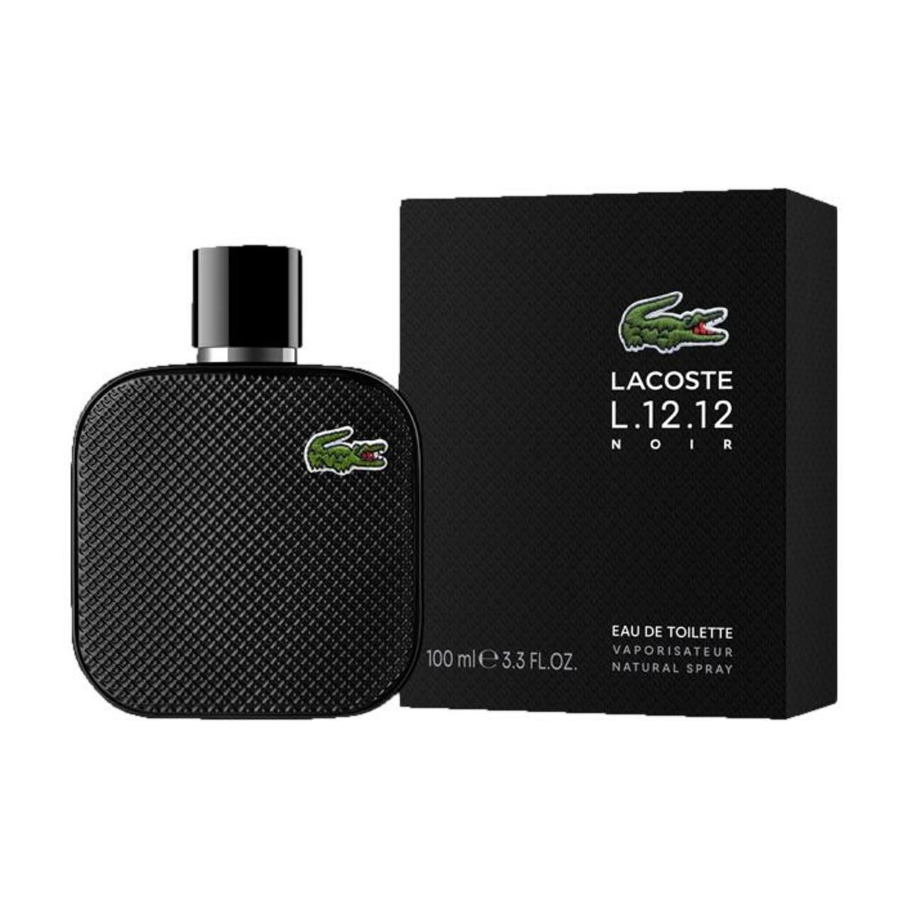 Schwarzer Lacoste L.12.12 Noir Flakon und Verpackung. Flakon mit geprägter Oberfläche, Krokodil-Logo. Verpackung mit Logo und Schriftzug.