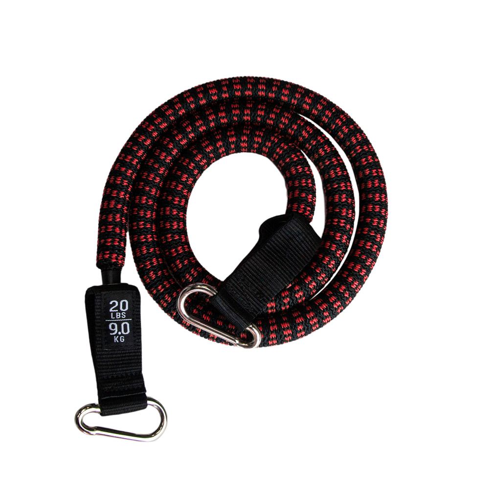 Rundes Fitnessband, rot-schwarz gewebt. Schwarze Schlaufen mit Karabinerhaken. Aufschrift: 20 LBS, 9.0 KG.