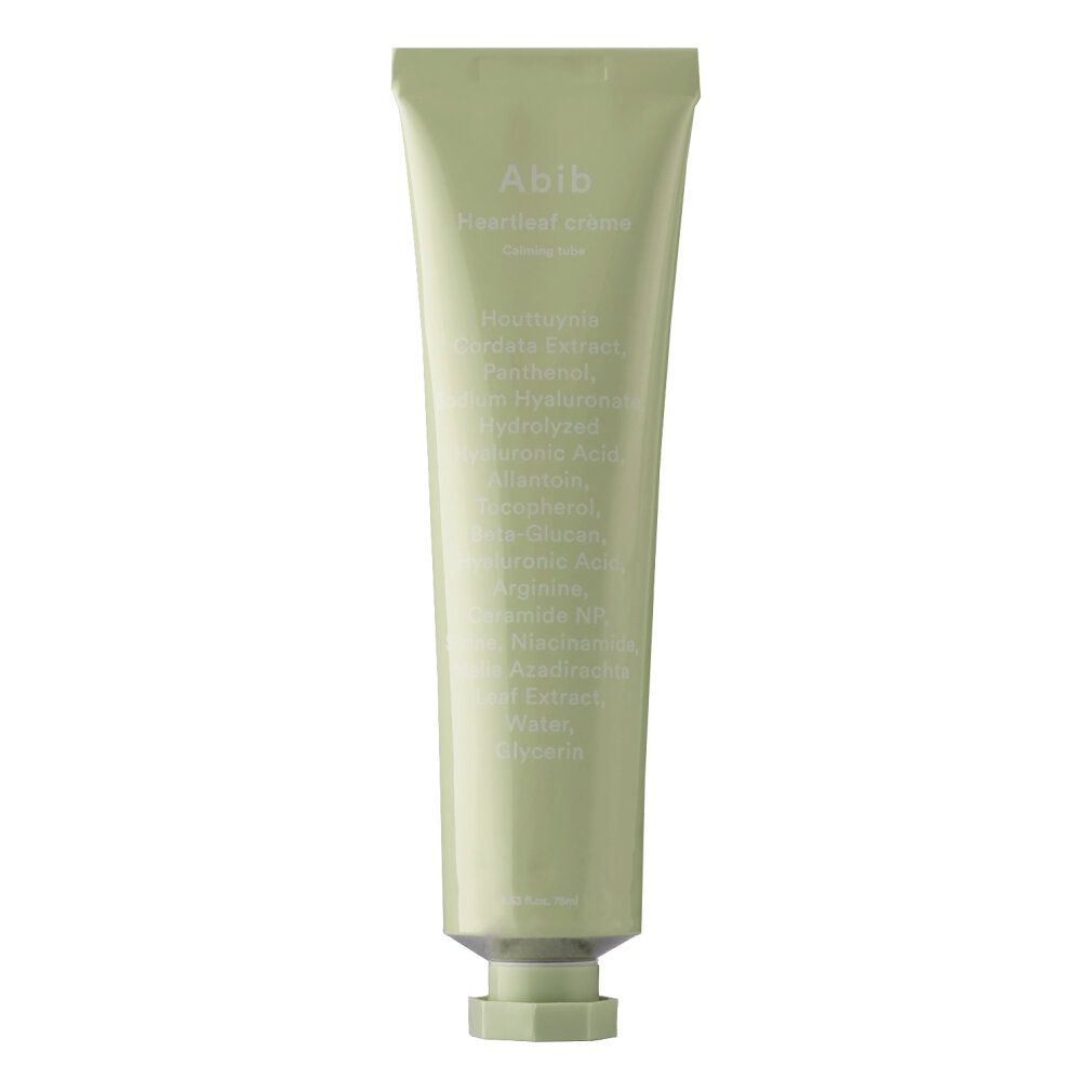 Abib Heartleaf Creme Tube mit Inhaltsstoffliste auf der Vorderseite.