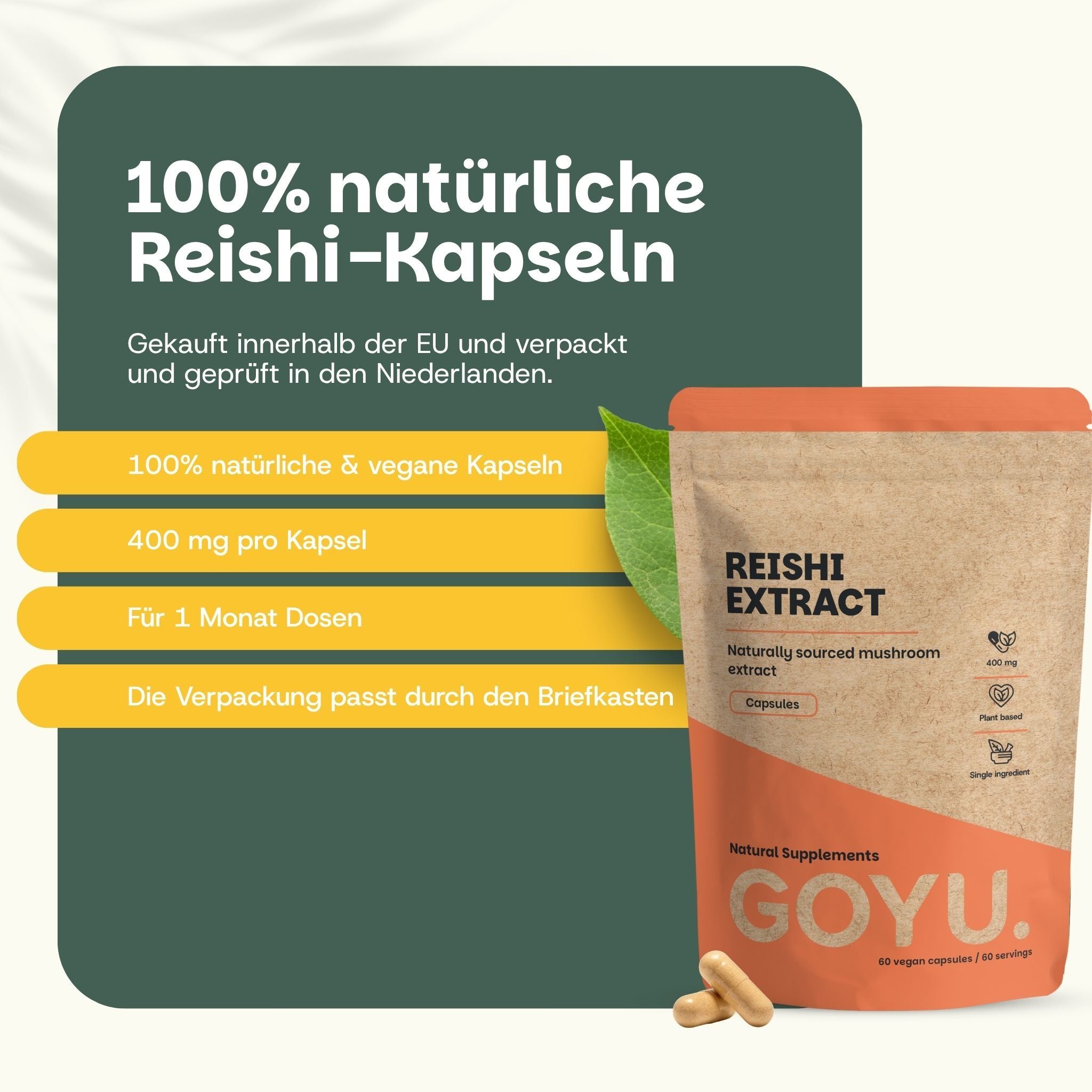 Eine Papiertüte mit Reishi-Kapseln, die die Vorteile von 100 % natürlichen und veganen Kapseln hervorhebt.