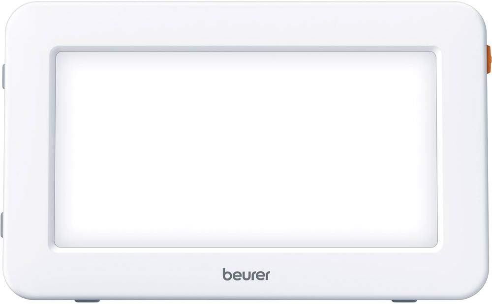 Rechteckige, weiße Tageslichtlampe mit orangefarbenem Knopf. Der Schriftzug "beurer" ist sichtbar.