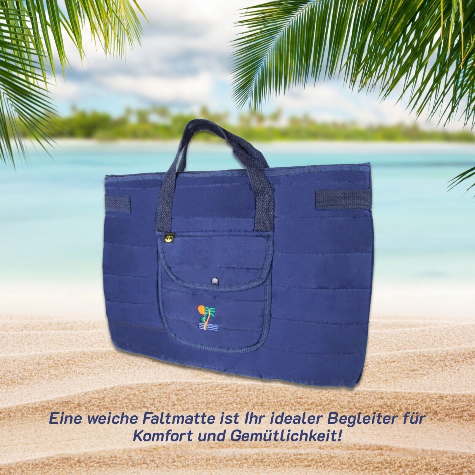 Blaue Faltmatte am Strand. Weich, ideal für Komfort und Gemütlichkeit. Mit Tragegriffen.
