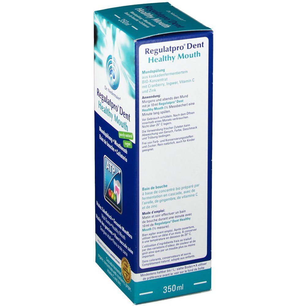 Karton mit Produktinformationen. Aufschrift: Regulatpro Dent Healthy Mouth. 350ml. Mit Cranberry, Ingwer, Vitamin C und Zink.