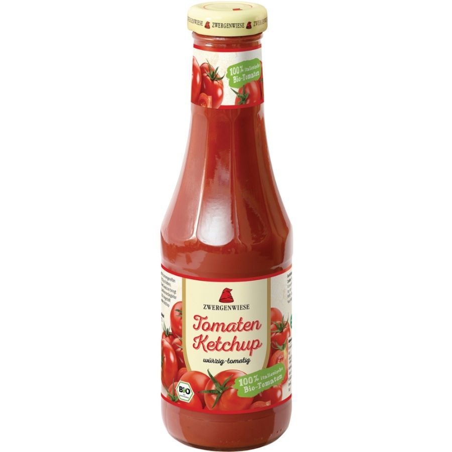 Glasflasche mit Tomaten Ketchup. Aufschrift: Tomaten Ketchup, Bio-Tomaten. Siegel: Bio.