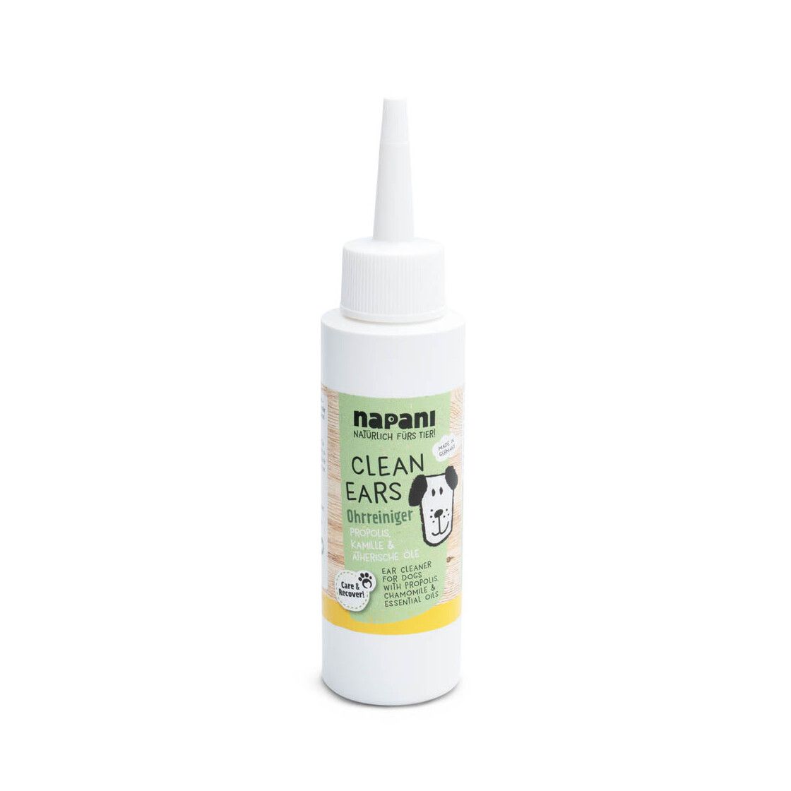 Weiße Flasche mit Spitze. Aufschrift "napani CLEAN EARS Ohrreiniger". Abbildung eines Hundes. Gelber Streifen mit Text.