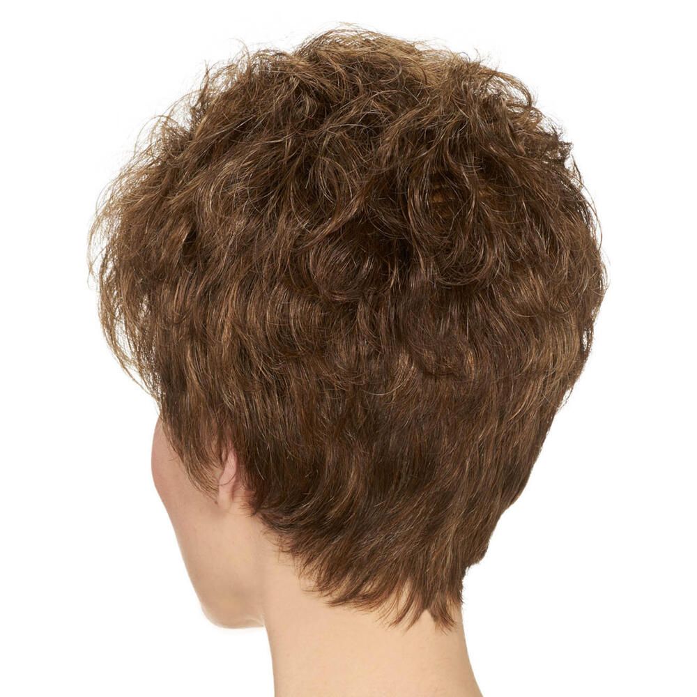 Kurzhaarperücke mit braunen und blonden Strähnen. Die Perücke bedeckt den Hinterkopf einer Frau. Rückansicht.