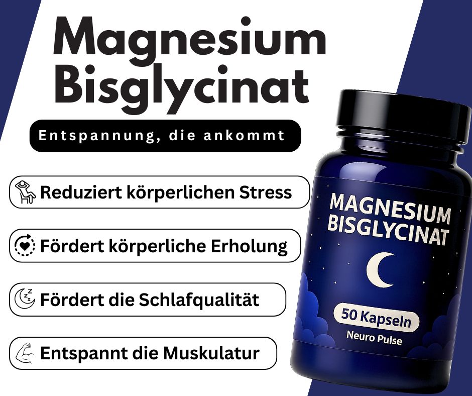 Blaue Flasche mit schwarzem Deckel. Aufschrift: Magnesium Bisglycinat, Mond, 50 Kapseln, Neuro Pulse. Symbole für Entspannung.