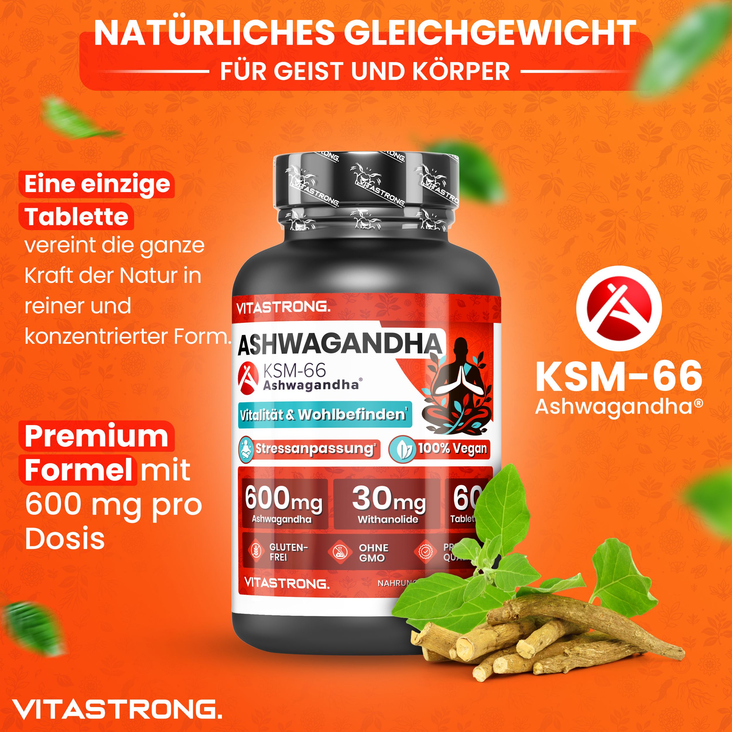 Schwarze Flasche mit Ashwagandha KSM-66, 600 mg pro Dosis, 100% vegan.