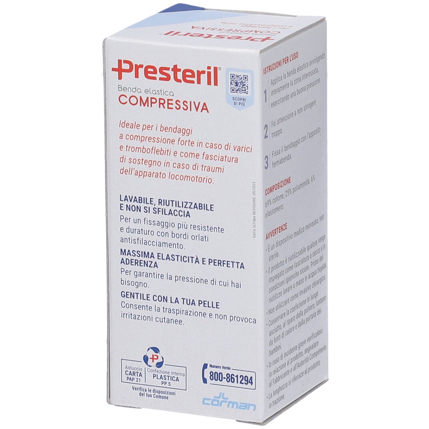 Presteril Benda Elastica Compressiva Verpackung. Enthält Informationen zur Anwendung und Eigenschaften. 8cm x 4,5m.