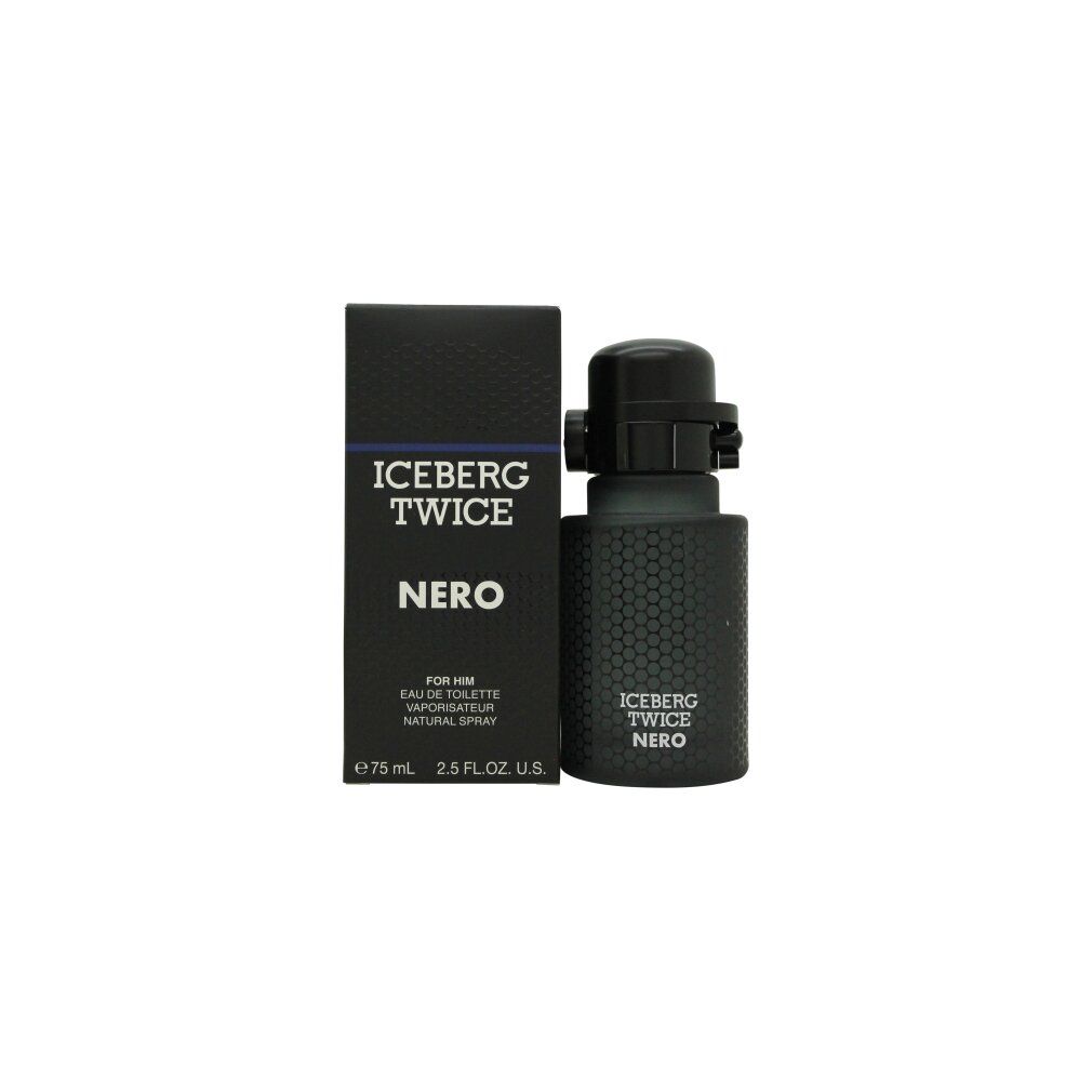 Schwarzer Flakon und Karton. Aufschrift: Iceberg Twice Nero. Eau de Toilette für Herren. Flakon mit schwarzem Verschluss.