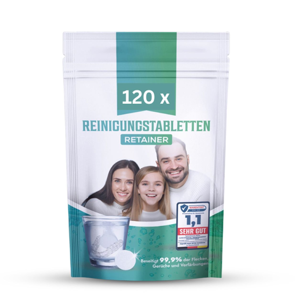 Verpackung mit Reinigungstabletten für Zahnspangen. Enthält 120 Tabletten. Familienfoto und Qualitätsauszeichnung.