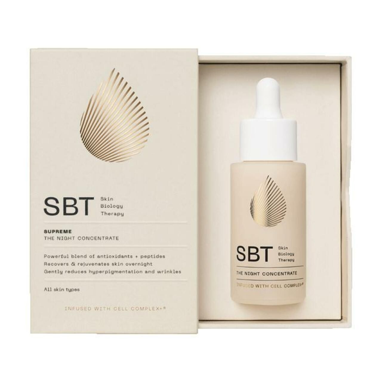 Produkt in geöffneter Verpackung. Flasche mit Pipette, SBT, The Night Concentrate. Skin Biology Therapy. Text auf Verpackung.