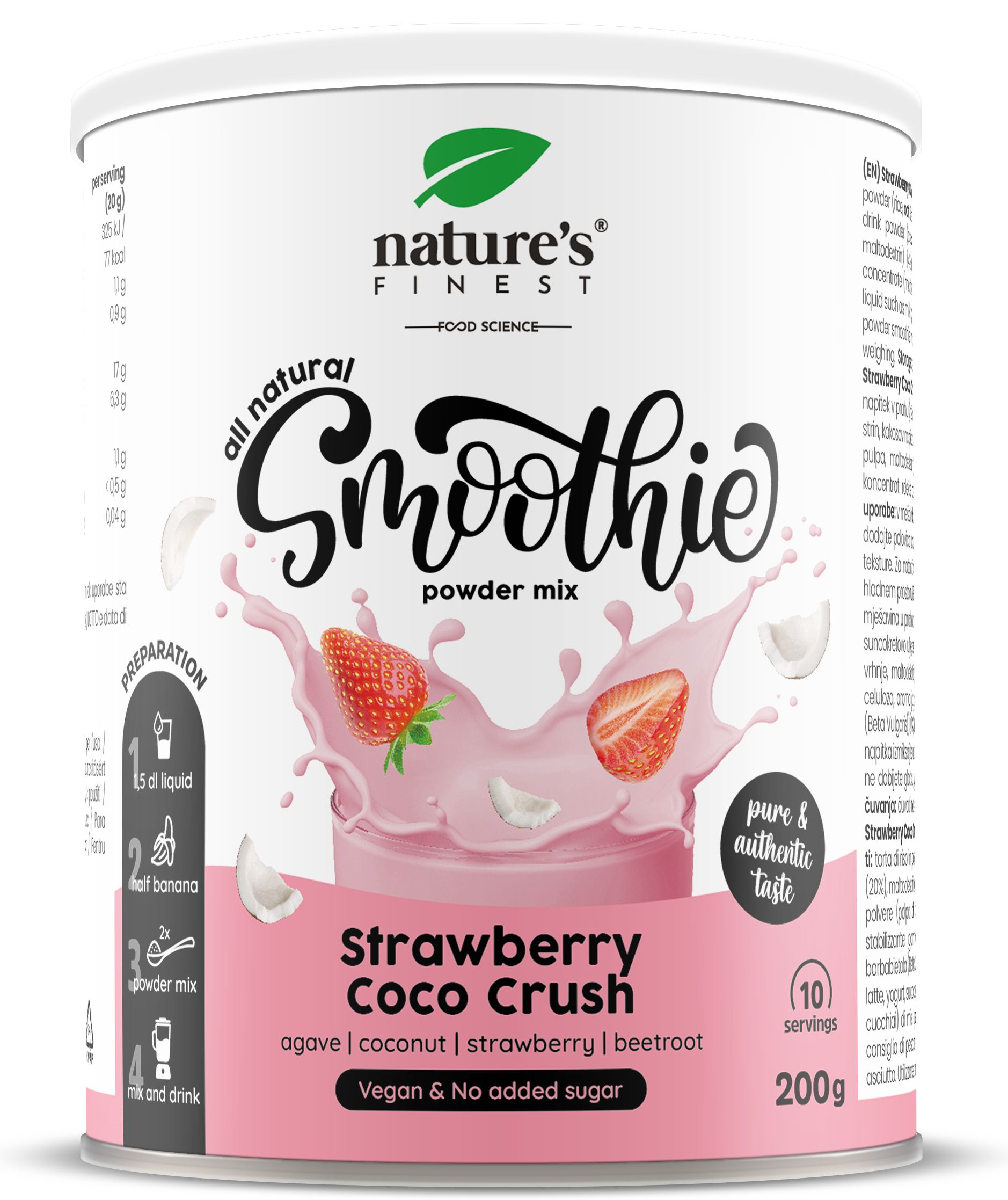 Runde Dose mit "Nature's Finest Smoothie Strawberry Coco Crush". Erdbeeren und Kokosnuss-Illustration. Text: Vegan & ohne Zuckerzusatz.