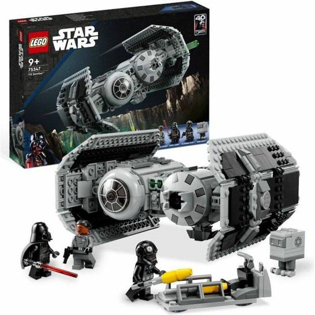 LEGO Star Wars 75347 TIE Bomber. Graues Raumschiff-Modell und Minifiguren. Verpackung im Hintergrund. Altersempfehlung: 9+.